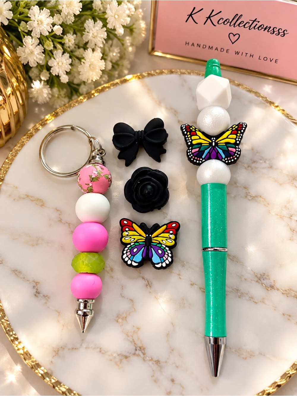 Green Butterfly Bead Pen & Pink Bead Keychain Set
